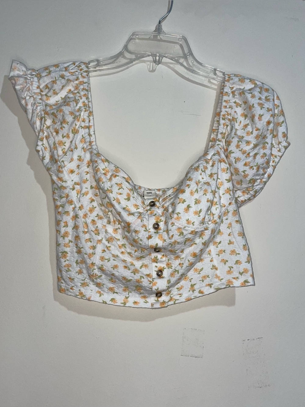 Billabong White Orange Floral Puff Sleeve Button Detail Babydoll L Crop Top Boho
